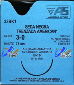 Seda 3-0 Aguja Ahusada de 35-37 mm Hebra 75 cms Marca American Suture Caja con 12 Piezas Caducidad Feb-28