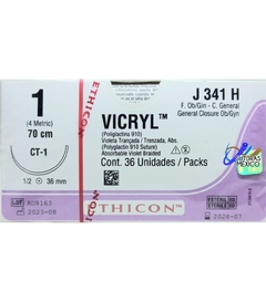 Vicryl 1 Aguja Ahusada CT-1 de 36 mm Hebra 70 cm Violeta Marca Ethicon J&J J341H Caja con 36 piezas