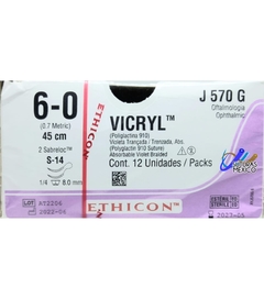 Vicryl 6-0 Aguja Doble Armada S-14 de 1/4 de 8.0 mm Hebra 45 cm Violeta Marca Ethicon J&J J570G Caja con 12 piezas