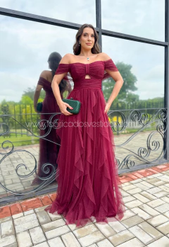 VESTIDO DE FESTA LONGO TULE COM BRILHO SAIA CASCATA LAÇO CLEVELAND - Fábrica dos Vestidos