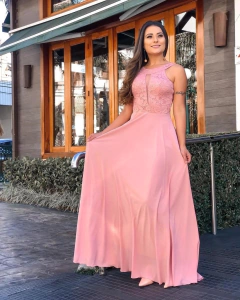 VESTIDO DE FESTA LONGO RENDA E CREPE LISBOA