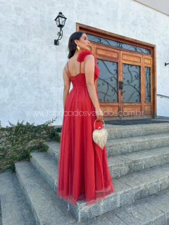 VESTIDO DE FESTA LONGO TULE BRILHOSO COM FENDA TASMÂNIA - Fábrica dos Vestidos