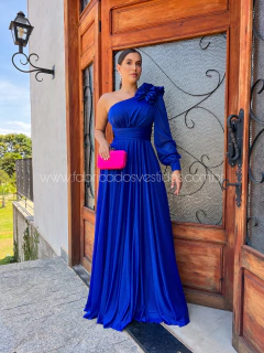 VESTIDO DE FESTA LONGO COM BRILHO UM OMBRO MANGA LONGA FLOR PETRA - Fábrica dos Vestidos