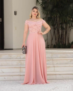 VESTIDO DE FESTA OMBRO A OMBRO RENDA COM BRILHO MALHA CREPE CANADÁ