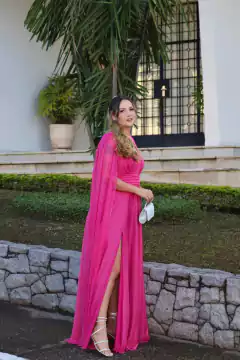 VESTIDO DE FESTA LONGO BRILHOSO LONGO COM CAPAS CHIPRE - Fábrica dos Vestidos