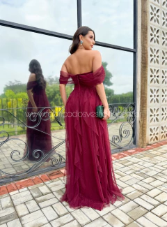 VESTIDO DE FESTA LONGO TULE COM BRILHO SAIA CASCATA LAÇO CLEVELAND