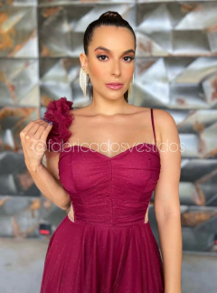 VESTIDO DE FESTA LONGO TULE BRILHOSO FLOR NO OMBRO BRASIL - Fábrica dos Vestidos