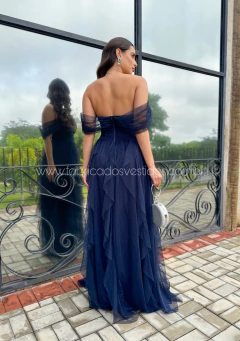 VESTIDO DE FESTA LONGO TULE COM BRILHO SAIA CASCATA LAÇO CLEVELAND