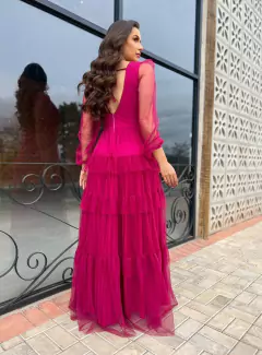 VESTIDO DE FESTA LONGO TULE SAIA CAMADAS MANGA LONGA ISLÂNDIA - loja online