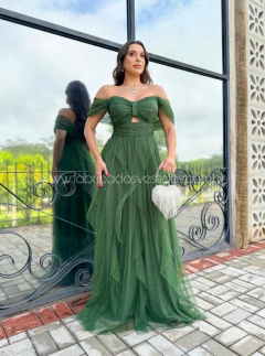 VESTIDO DE FESTA LONGO TULE COM BRILHO SAIA CASCATA LAÇO CLEVELAND - loja online