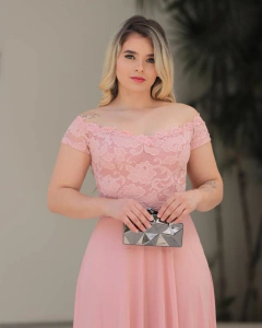 VESTIDO DE FESTA OMBRO A OMBRO RENDA COM BRILHO MALHA CREPE CANADÁ - Fábrica dos Vestidos