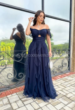 VESTIDO DE FESTA LONGO TULE COM BRILHO SAIA CASCATA LAÇO CLEVELAND - loja online
