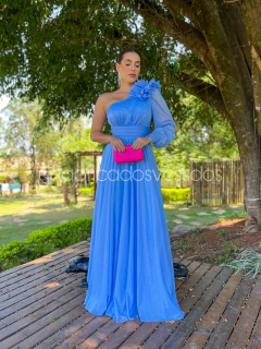 VESTIDO DE FESTA LONGO COM BRILHO UM OMBRO MANGA LONGA FLOR PETRA
