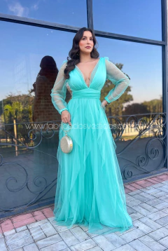 VESTIDO DE FESTA LONGO MANGA LONGA TULE SAIA CASCATA ÀSIA - Fábrica dos Vestidos