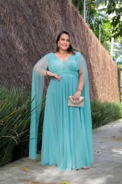 VESTIDO DE FESTA LONGO COM CAPAS TULE COM BRILHO PLUS SIZE SANTORINI na internet