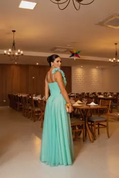 VESTIDO DE FESTA LONGO TENDÊNCIA TULE BRILHOSO FLOR NO OMBRO BRASIL - comprar online