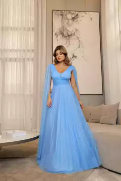 VESTIDO DE FESTA LONGO PLISSADO TULE COM BRILHO CAPAS JALAPÃO