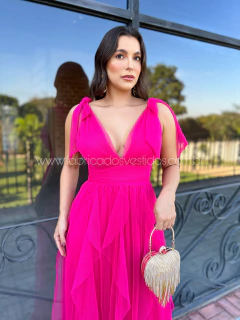 VESTIDO DE FESTA LONGO TULE SAIA CASCATA TENDÊNCIA MALDIVAS