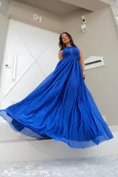 VESTIDO LONGO TULE COM BRILHO DECOTE PEQUIM