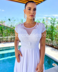 VESTIDO DE FESTA MANGA EVANGÉLICO COM RENDA E TULE PANAMÁ - comprar online