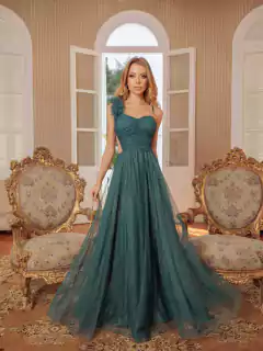 VESTIDO DE FESTA LONGO TULE BRILHOSO FLOR NO OMBRO BRASIL na internet