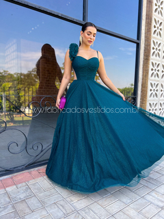 VESTIDO DE FESTA LONGO TENDÊNCIA TULE BRILHOSO FLOR NO OMBRO BRASIL - comprar online