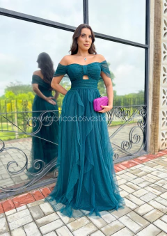 VESTIDO DE FESTA LONGO TULE COM BRILHO SAIA CASCATA LAÇO CLEVELAND - comprar online