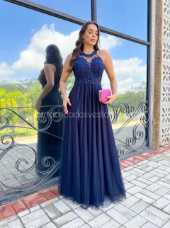 VESTIDO DE FESTA RENDA COM BRILHO PÉROLAS SAIA EM TULE ROMA - loja online