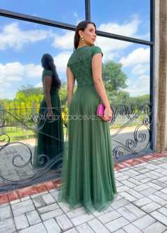 VESTIDO DE FESTA MANGA EVANGÉLICO COM RENDA E TULE PANAMÁ