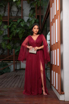 VESTIDO DE FESTA LONGO TULE COM BRILHO CAPA PALESTINA