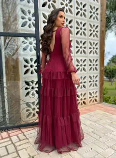 VESTIDO DE FESTA LONGO TULE SAIA CAMADAS MANGA LONGA ISLÂNDIA