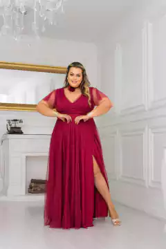 VESTIDO DE FESTA LONGO PLUS SIZE MANGA TULE COM BRILHO BUENOS AIRES - loja online