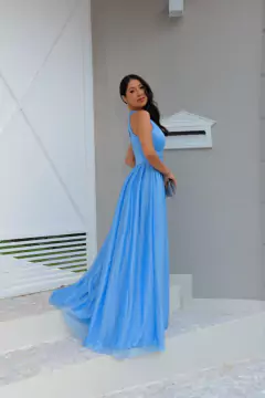 VESTIDO LONGO TULE COM BRILHO DECOTE PEQUIM - loja online
