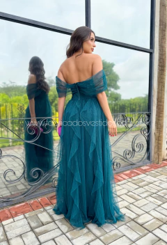 VESTIDO DE FESTA LONGO TULE COM BRILHO SAIA CASCATA LAÇO CLEVELAND - loja online