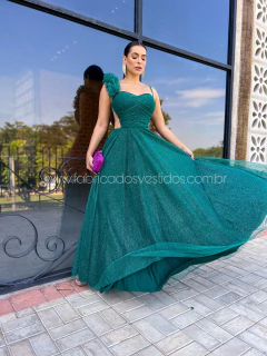 VESTIDO DE FESTA LONGO TULE BRILHOSO FLOR NO OMBRO BRASIL