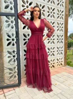 VESTIDO DE FESTA LONGO TULE SAIA CAMADAS MANGA LONGA ISLÂNDIA - Fábrica dos Vestidos