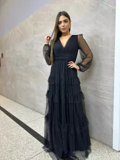 VESTIDO DE FESTA LONGO TULE SAIA CAMADAS MANGA LONGA ISLÂNDIA - loja online