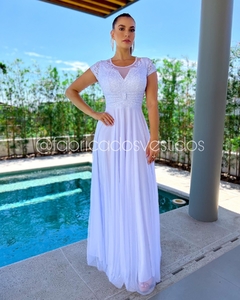 VESTIDO DE FESTA MANGA EVANGÉLICO COM RENDA E TULE PANAMÁ