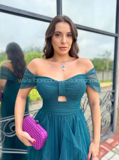 VESTIDO DE FESTA LONGO TULE COM BRILHO SAIA CASCATA LAÇO CLEVELAND - Fábrica dos Vestidos