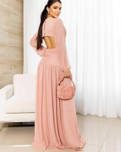 VESTIDO DE FESTA LONGO MANGA LONGA MICROTULE TENDÊNCIA MILÃO