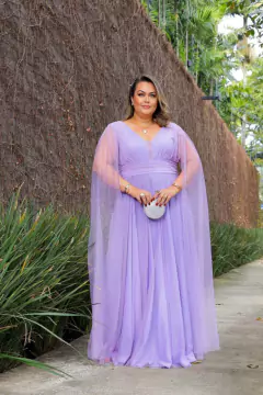 VESTIDO DE FESTA LONGO COM CAPAS TULE COM BRILHO PLUS SIZE SANTORINI - loja online