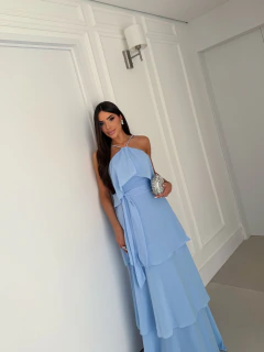 VESTIDO DE FESTA LONGO SAIA EM CAMADAS ALÇA EM STRASS DUBLIN - Fábrica dos Vestidos