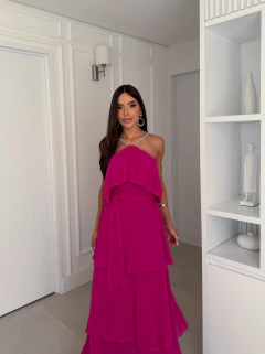 VESTIDO DE FESTA LONGO SAIA EM CAMADAS ALÇA EM STRASS DUBLIN - comprar online