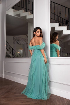 VESTIDO DE FESTA LONGO TULE COM BRILHO SAIA CASCATA LAÇO CLEVELAND - loja online