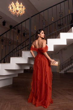 VESTIDO DE FESTA LONGO TULE COM BRILHO SAIA CASCATA LAÇO CLEVELAND - Fábrica dos Vestidos