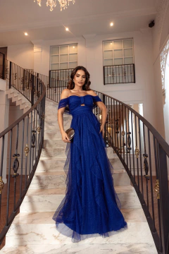 VESTIDO DE FESTA LONGO TULE COM BRILHO SAIA CASCATA LAÇO CLEVELAND na internet