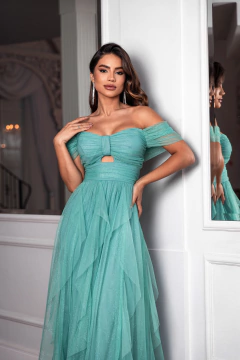 VESTIDO DE FESTA LONGO TULE COM BRILHO SAIA CASCATA LAÇO CLEVELAND - Fábrica dos Vestidos