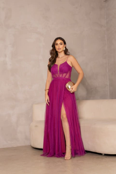 VESTIDO DE FESTA TULE COM BRILHO CORSET COM FENDA VINHEDO - comprar online