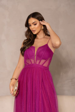 Imagem do VESTIDO DE FESTA TULE COM BRILHO CORSET COM FENDA VINHEDO