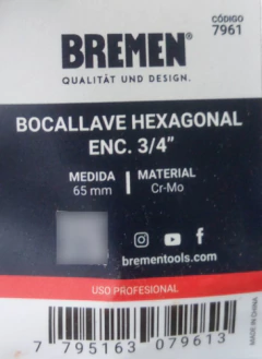 Tubo Bocallave Hexagonal 3/4 65mm Bremen Cr-v 7961